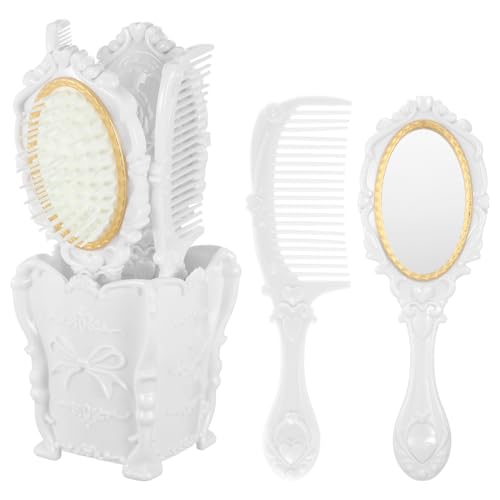 5pcs Vintage Hand Mirror Comb Set with Storage Pot Antique Cosmetic Mirror Hair Dry Curly Styling Tool