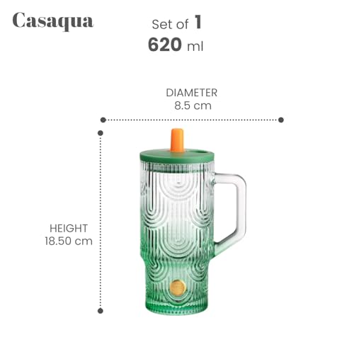 Image of Glass Tumbler with Handle, Lid & Straw - 620ml, Set of 1, Reusable Drinking Cup, Leak-Resistant Sipper Mug for Iced Coffee, Water, Juice, Smoothies, Bubble Tea, Home, Office & Travel