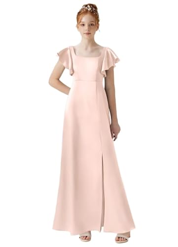 TIANMEI Satin Junior Bridesmaid Dresses with Slit Square Neck Flower Girl Dresses for Wedding