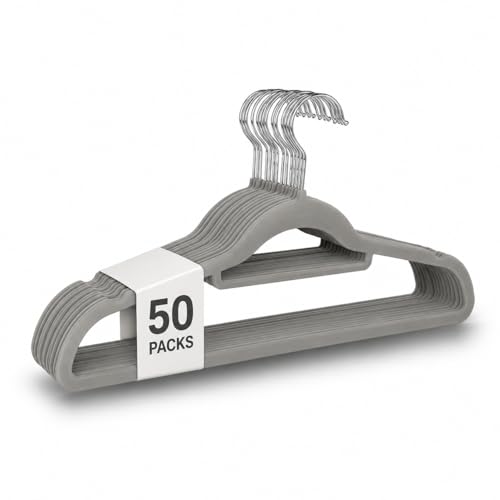 UTTAM Velvet Hangers 50 Pack - Thin Non-Slip Clothes Coat hangers with Tie Bar and 360 Degree Hook for Home Storage Durable Sturdy for Suits Jackets (Grey)