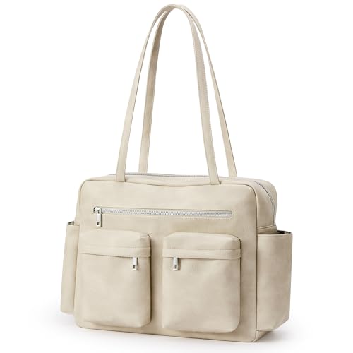 Image of KALIDI Tote Bag Vegan Leather Women Pocket Utility Bag Faux Leather Shoulder Travel Purse Vintage Handbag for Work