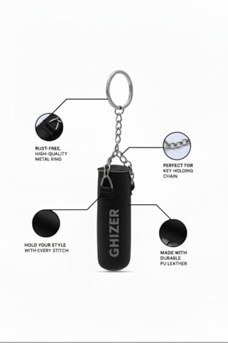 GHIZER Mini Boxing Keychain – Premium PU Leather Punching Bag Key Ring for Men & Women | Durable Sports Car Keychain Gift for Boxers, Men, Gym Lovers & Athletes (Black)