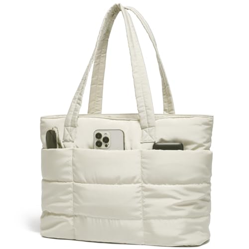 Image of CATMICOO Puffer Tote Bag for Women Quilted Travel Tote with Zipper Puffy Shoulder Handbag for Work Gym