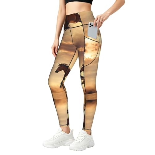 Leggings con estampado de rayas de caballo mallas elásticas de mujer con bolsillos deportivos