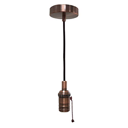 Royal Designs, Inc. Hanging Pendant Lighting, Vintage-Style Pull Chain Pendant Light Socket and Canopy, Antique Copper with Brown Rayon Fabric Cord