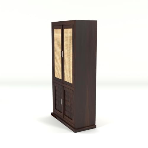 Image of Solid Sheesham Wood Almirah with Cane Doors & Geometric Carved Panels | 4 Door Wooden Wardrobe for Bedroom