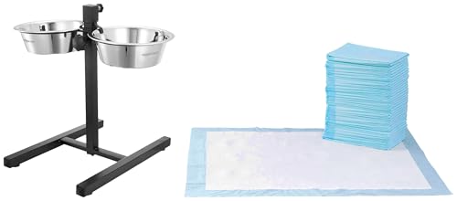 Image of AmazonBasics Pet Training Pads Extra-Large - 60 Pieces & Amazon Basics Adjustable Double Diner for Food and Water, with H-Base and Two Removable Stainless St