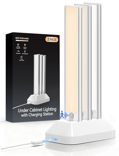 Image of Under Cabinet Lighting with Charging Station, 2200mAh Rechargeable Motion Sensor Light Indoor, Dimmable Closet Lights with 3 Color Tempers, Magnetic Under Cabinet Lights for Kitchen Wireless, 3-Pack
