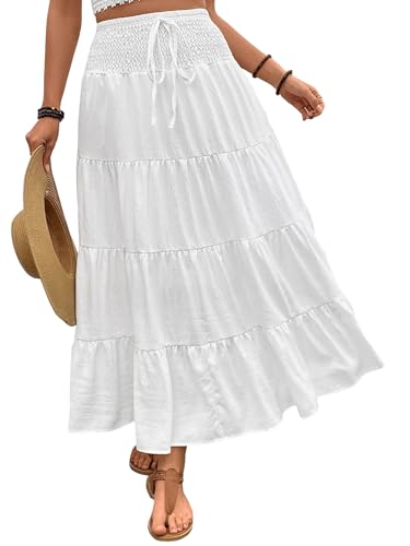 Women's Casual Summer Maxi Skirts Boho Elegant Solid Color Flowy Drawstring Ruched A Line Tiered Midi Skirt