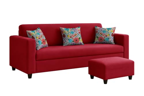 Image of Rosebell 3 Seater Sofa with Ottoman | Living Room Couch | with Printed Cushions | Sofa for Home, Apartment & Office-Red Color