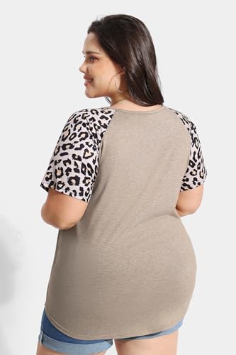 Image of CARCOS Plus Size Tops for Women Short Sleeve Raglan Striped Tee Color Block Crewneck /V Neck Tunic Loose Fit Summer XL-5XL