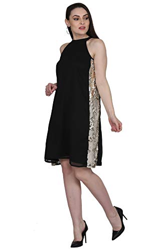 Image of LATIVE Fashion Stylish one Piece Dress for Women & Girls Sequin Georgette Mini Shift | Stitched Fancy Dress for Girls Farewell | Classy Dress for Ladies - Black