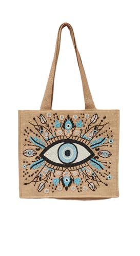 Boho Evil Eye Jute Tote Bag, Beaded Embroidered Design, Natural Burlap with Blue AccentsShoulder Bag for Women