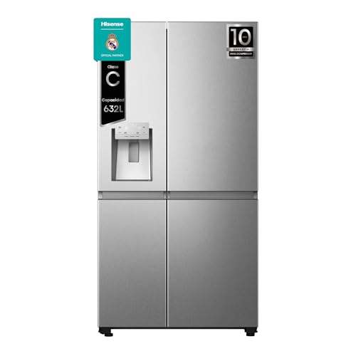 Hisense RS818N4TIC1 Frigorífico Americano Side By Side, Class C, 632L, Alto 179.5 cm x Ancho 91 cm, Color Inox, Multi Airflow, Congelamiento Rápido, Dispensador de Agua y Hielo, Tecnología Inverter