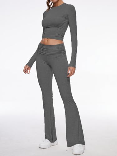 Image of AnotherChill Women's Long Sleeve Top Foldover Flare Pants Lounge Set | 2 piece cropped shirt and slim flare trousers comfy loungewear, soft modal casual matching sets, travel airport outfits
