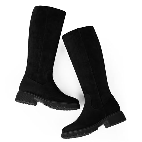 Image of VIUGJNEX Knee High Boots Women Low Heel Flat Chunky Fall Tall Riding Boots