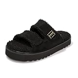 FUNKYMONKEY Women's Fur Slippers Comfort Round Open Toe Double-strap with Cozy Lining, Faux Fur EVA Rubber Sole Slide Sandals(8 M US,All Black)