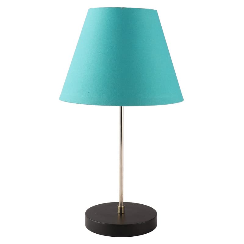 Image of Silver Table Lamp with Handmade Conical Teal Shade, Minimalist Design, for Couple Dinner /Coffee Table /Restaurant /Bedroom, On /Off Switch Long Wire
