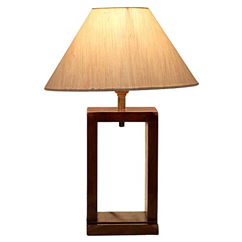 Image of tu casa Handcrafted Mango Wood Table Lamp with Pleated Off-White Cotton Fabric Shade | Elegant Bedside Night Lamp for Bedroom & Living Room