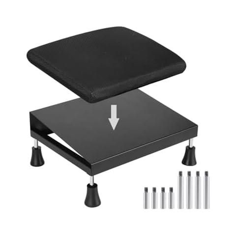 Mymyth Office Foot Rest for Under Desk at Work - Iron Adjustable Ergonomic Footrest Strong & Durable - 6 Heights Foot Stool with Memory Foam Cushion - Anti-Slip for Computer Gaming - Black Cover