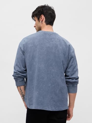 Image of The Souled Store Souled Army Men and Boys Round Neck Blue Embroidered Cotton Oversized Full Sleeve T-Shirts