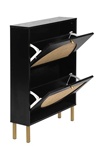 Zehuoge Natural Rattan Shoe Cabinet With 2 Flip Drawers, 2-Tier Black Shoe Rack Storage Cabinet For Modern Heels, Boots, Slippers, Free Standing Shoe Rack, Entrance Hallway (Black) #TOP4