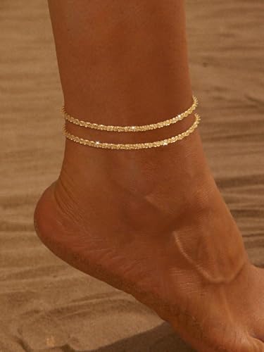 Gold Ankle Bracelets for Women,14k Gold/Silver Plated Waterproof Layered lightweight Cuban Link Figaro Chain Heart anklet Bracelets Set Gold Anklets for women Trendy Jewelry Gift2