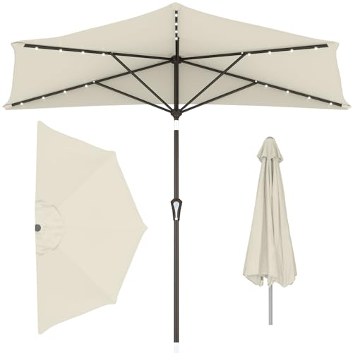 AreShark 9FT Lighted Half Round Patio Umbrella, Wall Umbrella Sun Shade with 5 Heavy Duty Rib, UV Protection Water Resistant Outdoor Umbrella with Solar LED Lights for Poolside, Balcony, Cream White