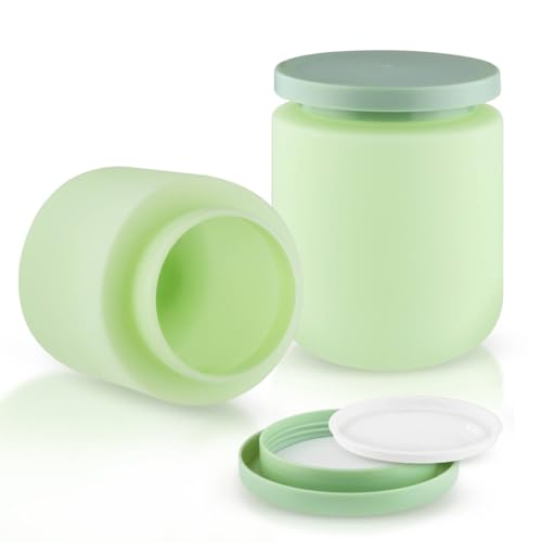 2 Pack 16 OZ Plastic Jars Round Cosmetic Container with Lids,Wide Mouth Soft Slime Jars for Lotion,Hand Cream,Ointment,Makeup,Body Butter,Rhinestone,Leak Proof Make Up Storage Jar-Green