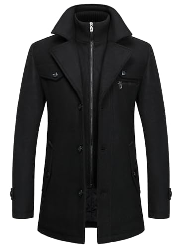 FANARCHER Men's Wool Blend Coats with Detachable Zipper Winter Warm Jakcet Single Breasted Business Windbreaker Pea Coat