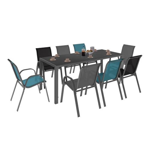 IDMarket - Salon de Jardin Madrid Table 190 cm et 8 chaises empilables Mix Color Bleu, Gris et Noir