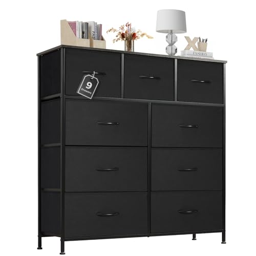 Atilioo Dresser for Bedroom with 9 Drawers, Anti-Tip Tall Fabric Chests Storage Organizer Tower Furniture with Wooden Top Metal Frame for Clothes, Closet, Living Room, Hallway, Entryway