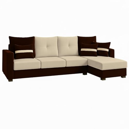 Image of CASASTYLE Vogue 5 Seater Fabric RHS L Shape Sofa Set (Cream-Dark Brown) Velvet Finish | Comfortable Sectional Sofa for Living Room