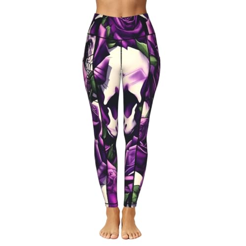 Pantalones de yoga opacos con bolsillos leggings running fitness estampado calaveras moradas 2