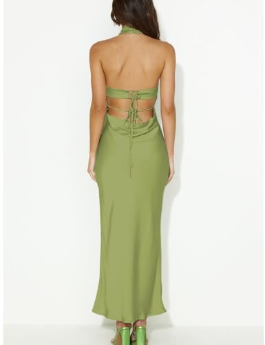 Image of Women Summer Satin Halter Neck Backless Formal Wedding Guest Maxi Dress