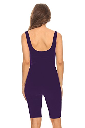 Women Sleeveless Stretch Skinny Solid Knee Length Sport Unitard Bodysuits Active (Small, Purple)