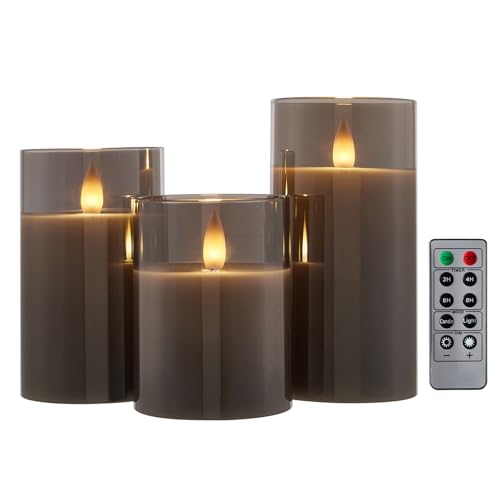 Image of Glass Flameless Pillar Candles Flickering with Remote Timer, Battery Operated LED 3D Moving Flame Real Wax Candles,Remote Included (Gray)