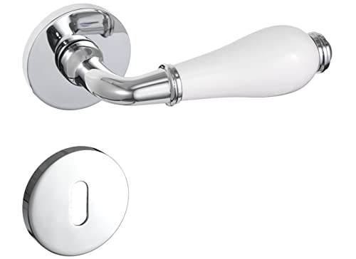 Gavroche antiker Türgriffe Set BB Buntbart | Türklinken für Innentüren in Silber Chrom Weiß | Drückergarnitur Zimmertür mit runder Rosettengarnitur aus Zink und Keramik Einlage Türbeschlag in L-Form