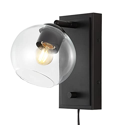 Image of JONATHAN Y 6 inch Oil Rubbed Bronze 1-Light Modern Wall Sconce, Plug-in or Hardwired LED Adjustable Wall Light with Dimmer Switch, Clear Glass Globe Shade, Mid-Century Lamp JYL7567A
