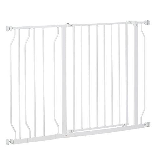 PawHut Barrera de Seguridad de Perros Extensible para Escaleras y Puertas 75-115 cm con Extensiones Montaje a Presión Acero Altura 76 cm Blanco