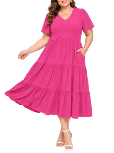 Image of Women's Plus Size Summer Dresses Floral Casual Tiered Midi Dresses V-Neck Short Sleeve Long Maxi Dress with Pockets