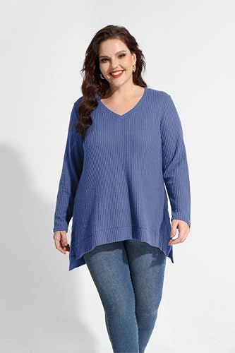 Image of RITERA Plus Size Women Sweaters Waffle Knit Pullover Top Long Sleeve Casual Crewneck Shirt Loose Split Hem Fall Winter Blouse