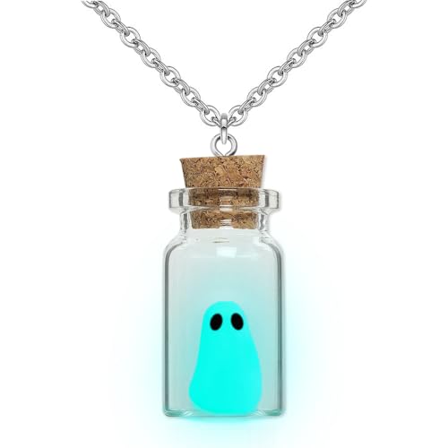 Ghost Necklace, (Blue) The Adopt A Ghost in A Bottle Pendant Necklace Halloween Jewelry for Women and Men