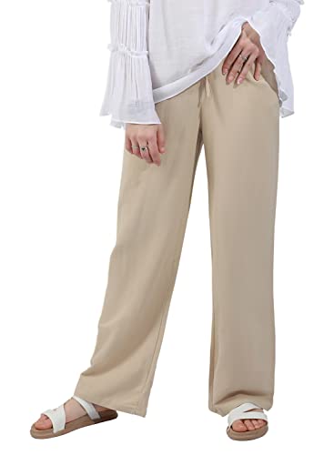 Utcoco Women's Cotton Linen Drawstring High Waisted Pants Casual Loose Fit Wide Leg Trousers (L, Khaki) #TOP4