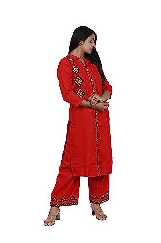 Image of Women's Slubby Kurti | Front Plaket with Emroidery and Buttons. Emroidery Work On Plazo | Straight Kurti and Pant | Round Collar Neck |Three Fourth Bell Sleeves