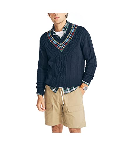Nautica Men's Reissue Plaid Cable-Knit V-Neck