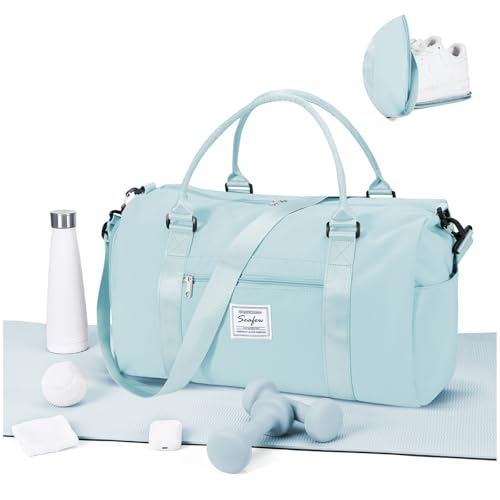 Gym Bag for Women Men with Shoes Compartment,Sports Duffle Bag Personal item travel Duffel Bags Tote Bag Small Carry on Weekender Overnight Bag Workout Dance Bag Hospital Holdalls Light Blue