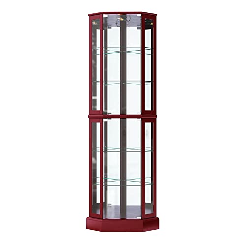 Image of BELLEZE Lighted Corner Display Curio Cabinet Wooden Curved Shelving Unit with Tempered Glass Door, Bar and Liquor Storage Area with 6 Shelves - Ashfield (Cherry)