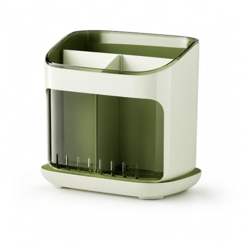 Image of Cutlery Holder with Drainage Tray | Kitchen Cutlery Organizer with Removable Partition | Large Capacity Countertop Storage Caddy (Green)