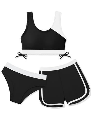 Image of Girl's 3 Piece Bikini Bathing Suit Printed Sport Swimsuits with Shorts Cove Up Sets Teen Girl's Swimwear